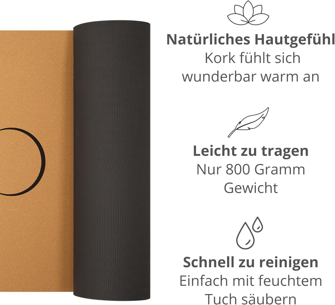 Mosswell Premium Kork-Yogamatte (4mm dick) - Rutschfeste Fitnessmatte mit Hilfslinien - Pilatesmatte