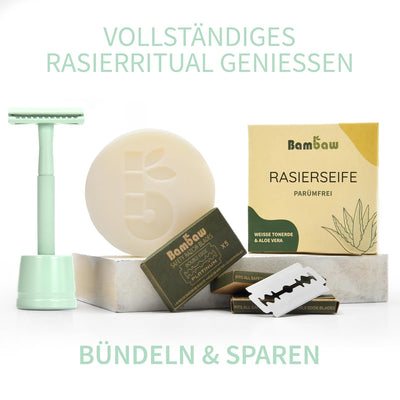Bambaw Metall Rasierer Plastikfrei Mint-grün | Metall Rasierer Nachhaltig mit 5 Rasierklingen Rasier