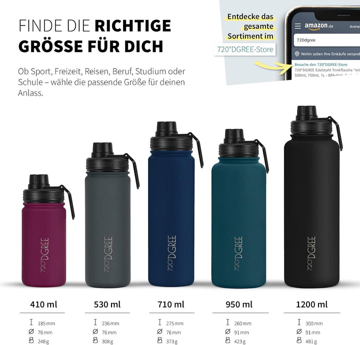 720°DGREE Edelstahl Trinkflasche “noLimit” – 1200ml - Auslaufsicher, Kohlensäure geeignet, BPA-Frei