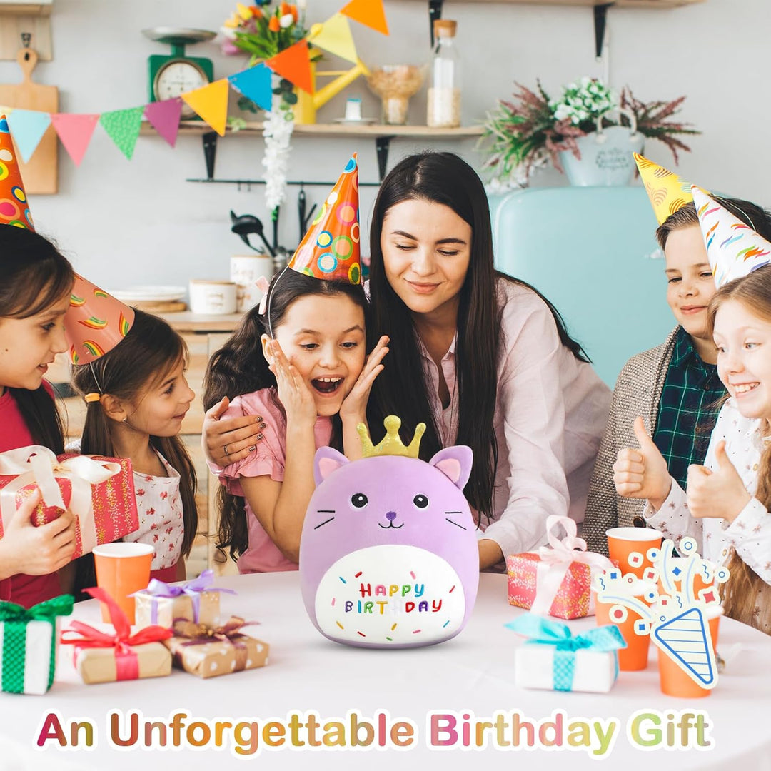 SQEQE Happy Birthday Stuffed Animal 10" Cat Soft Toys with Crown Cute Plush Pillow Cat Plush Toy for