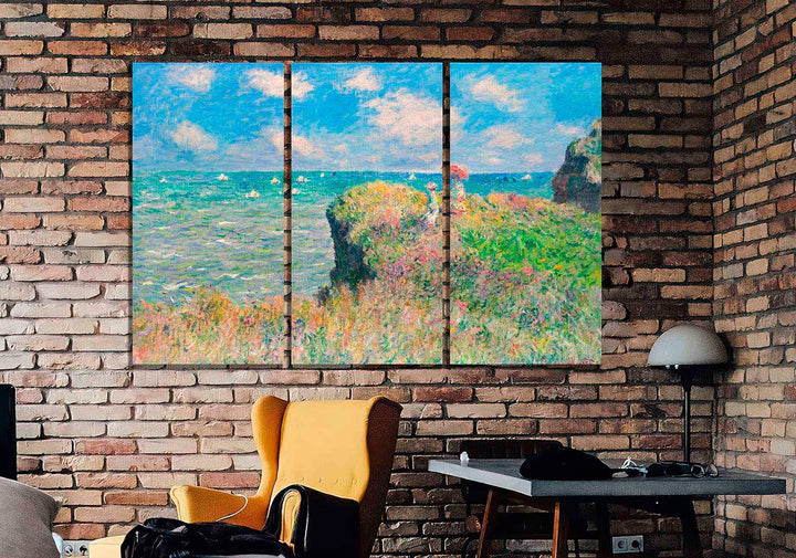 Kunstdruck auf Leinwand, gerahmt, Motiv "The Cliff Walk at Pourville", 50 x 25 cm, 3 Stück 50 x 25cm