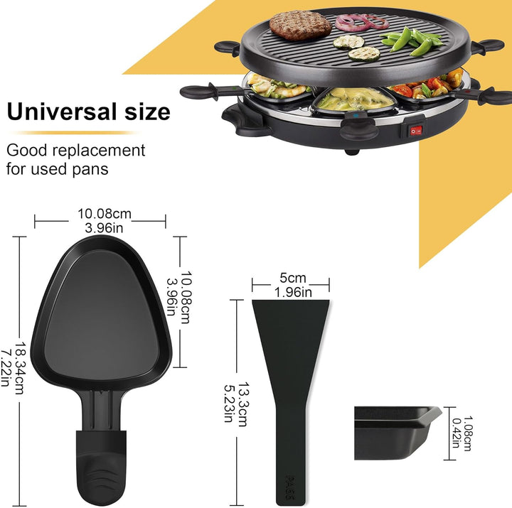 8er Set Raclette Pfännchen antihaftbeschichtet, Mini Grill Pfännchen Ersatz mit 8 Schaber und buntem