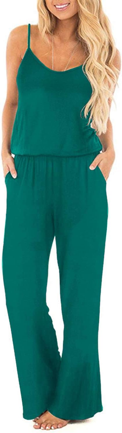 OUGES Damen Sommer Ärmellos Jumpsuit Overall Lang Hosenanzug Casual Playsuit Romper mit Taschen S Gr