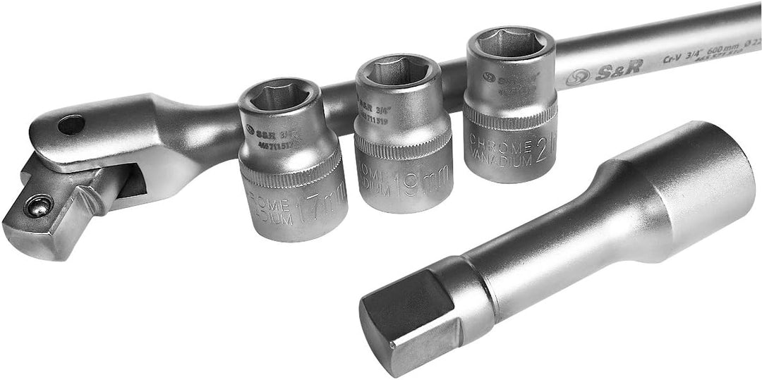 S&amp;R Kraft-Steckgriff Gelenkgriff SET 3/4" 600 mm, Ø 22 mm Steckeinsätze NÜSSE 17mm, 19mm, 21 mm, Ver