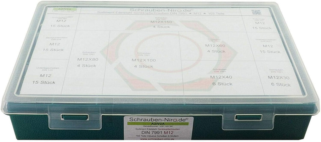 Sortiment M12 DIN 7991 (ISO 10642) Edelstahl A2 (V2A) Senkschrauben (Innensechskant) - Set bestehend
