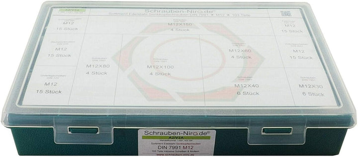 Sortiment M12 DIN 7991 (ISO 10642) Edelstahl A2 (V2A) Senkschrauben (Innensechskant) - Set bestehend