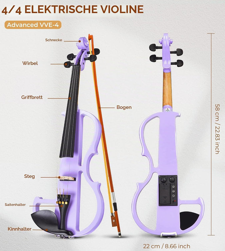 Vangoa 4/4 Elektrische Violine Stille Geige aus Massivem Holz mit Kolophonium, Tragetasche, Kabel, S