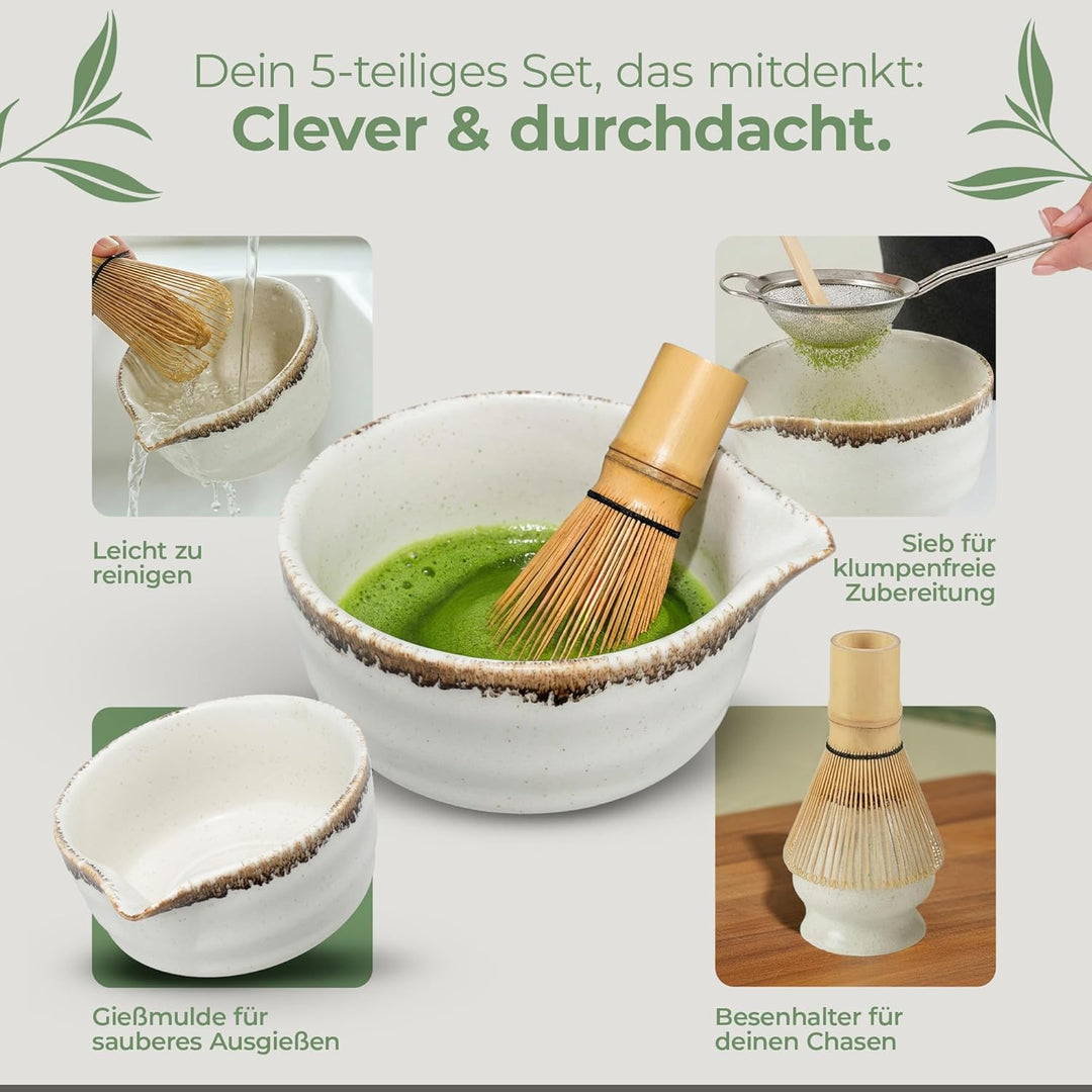 comforder Matcha Set mit Besen – Komplett mit Matchaschale mit Ausgiesser, Chasen, Halter, Löffel un