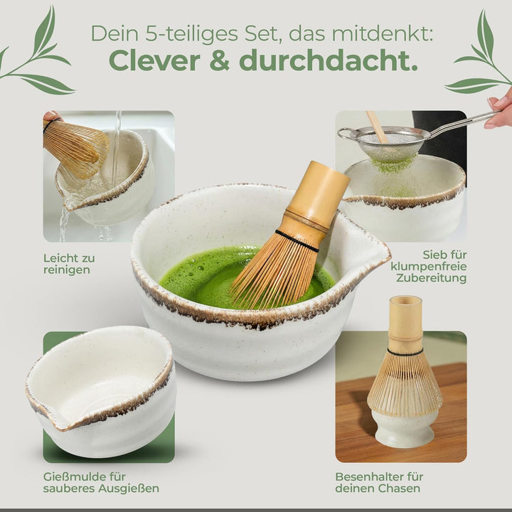 comforder Matcha Set mit Besen – Komplett mit Matchaschale mit Ausgiesser, Chasen, Halter, Löffel un