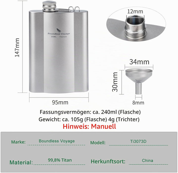 iBasingo Flachmänner aus Titan 240ml Ultraleichter kleiner Flachmann für Spirituosen Tragbare Reise