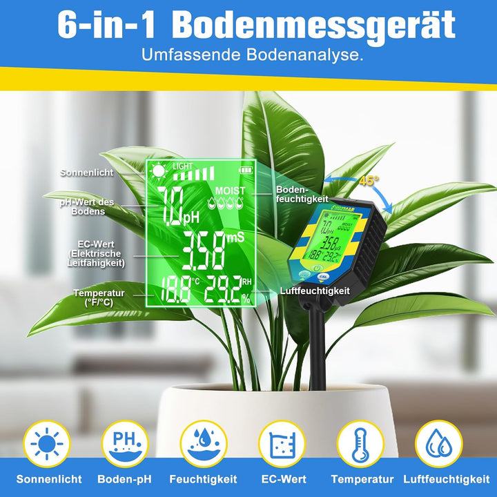 UIUZMAR Bodenfeuchtigkeitsmessgerät, Digitales Boden pH Messgerät für Pflanzen, Genauer 6-in-1 pH Fe