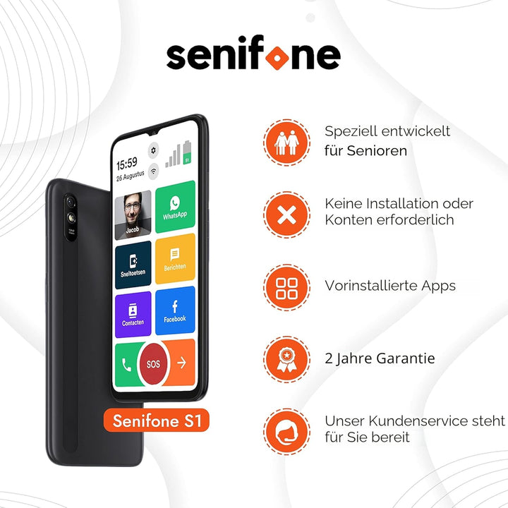 S1 Senioren Smartphone - Schwarz - Für Ältere - 32GB - WhatsApp & SOS Funktion