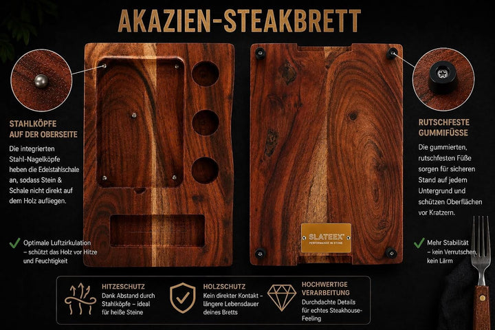 Premium Heisser Stein Steak Set – Speckstein mit massivem Akazienholzbrett, Edelstahlschale &amp; 3 Dip-