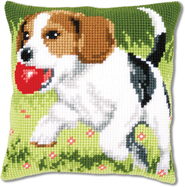 Vervaco Kreuzstichkissen Beagle Kreuzstickpackung vorgedruckt, Stramin, weiss, 40 x 40 x 0,3 cm