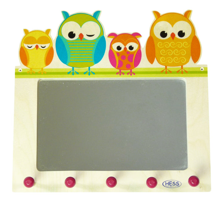 Hess Holzspielzeug 30502 - Garderobe aus Holz, Motiv Eulen, mit Wandspiegel und Haken, für Kinder, c
