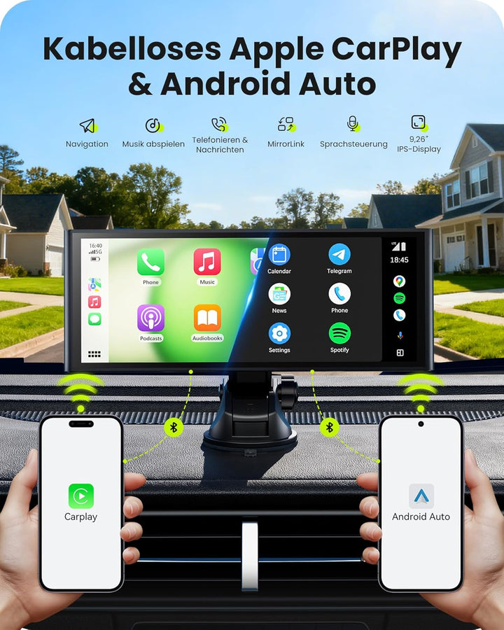 9,26" Wireless Car Play Display für Apple CarPlay & Android Auto – Tragbares Auto-Display mit Rückfa