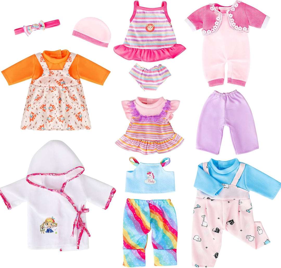 deAO Kleidung Outfits für Baby Puppen 36 cm 14inch, 7 Stück Puppenkleidung mit Set aus Kleid Hose Ba