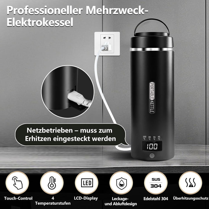 Wasserkocher Klein 450 ml - 4 Temperatureinstellungen Mini Wasserkocher zum Anschliessen Edelstahl 3