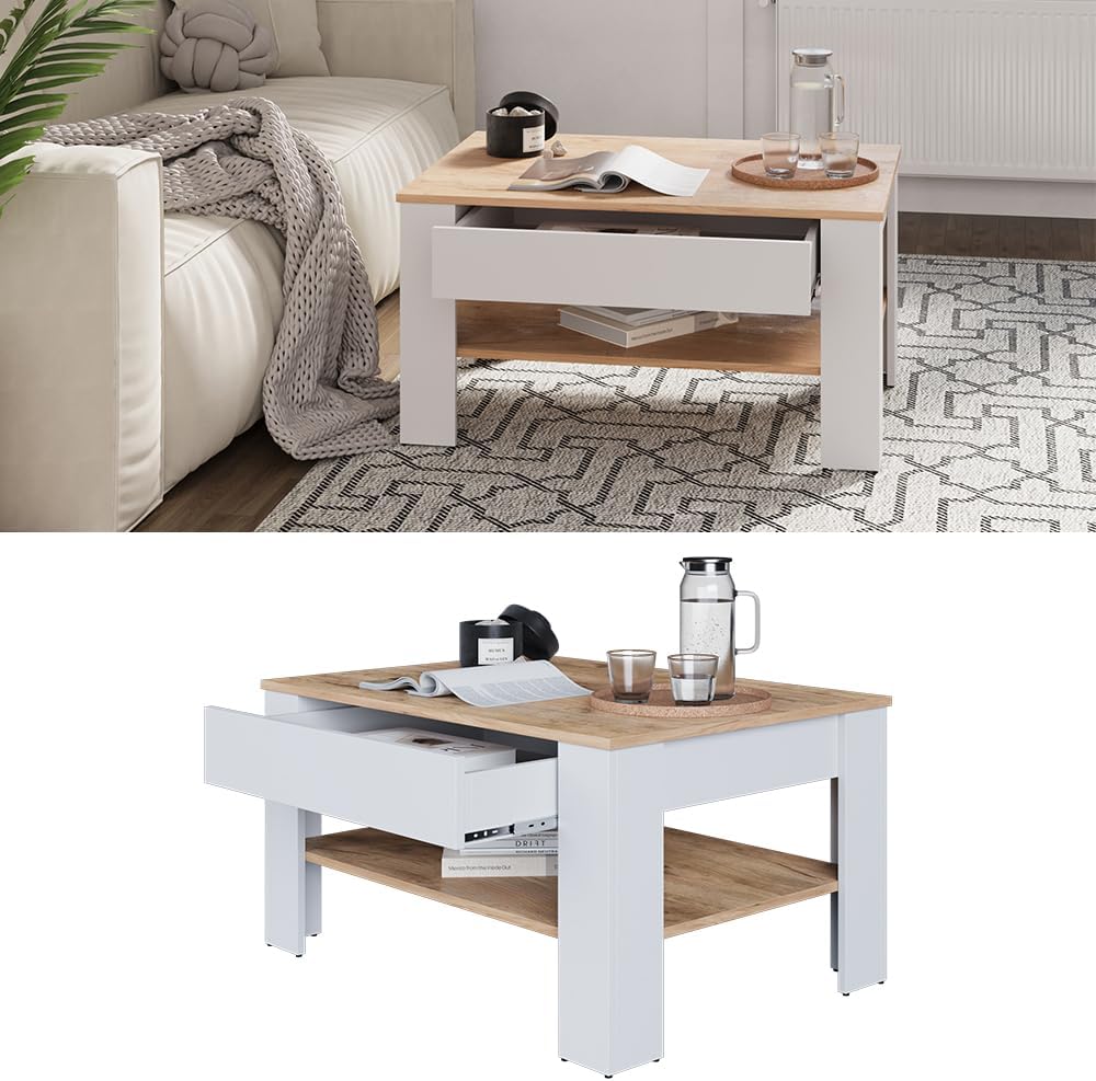 Vicco Couchtisch Milan, Wohnzimmertisch mit Schublade, Weiss/Goldkraft Eiche, 92.2 x 65 cm, Weiß