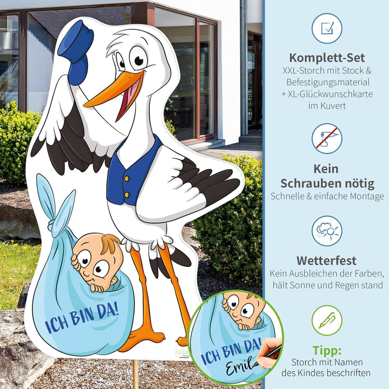 Storch zur Geburt Baby, Junge blau I 110 cm I wetterfest für draussen I Set: Klapperstorch + Stab au