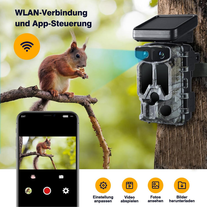 VOOPEAK Solar Wildkamera Duales Objektiv, 4K 60MP Wildkamera WLAN Sternenlicht Nachtsicht, Wildtierk