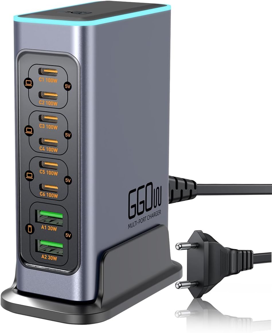 660W USB C Ladegerät 8-Port Schnelles GaN Ladegerät 100W/30W USB C Ladestation mit bunten Lichtern M