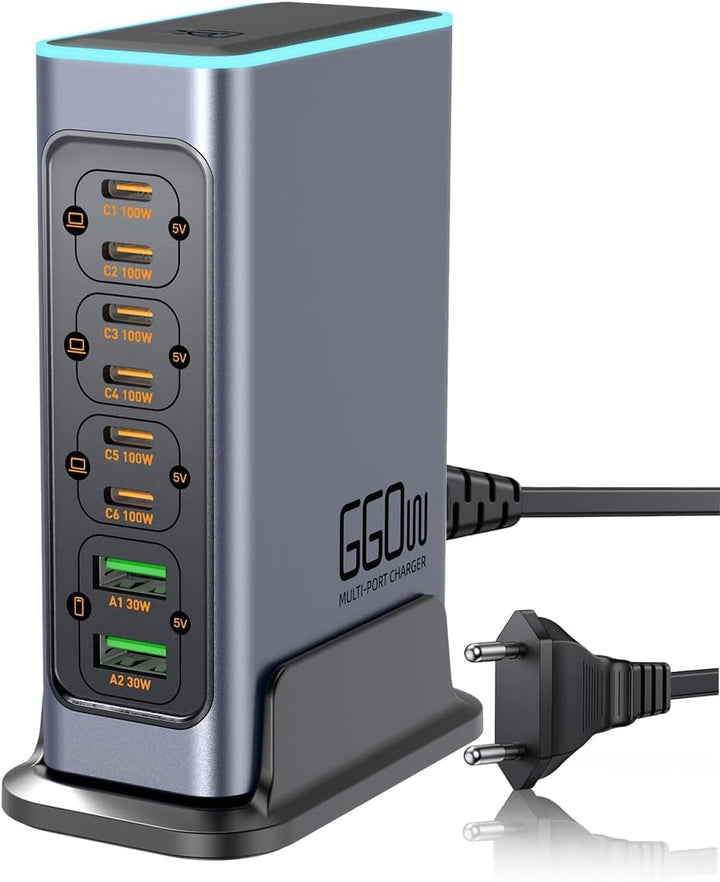 660W USB C Ladegerät 8-Port Schnelles GaN Ladegerät 100W/30W USB C Ladestation mit bunten Lichtern M