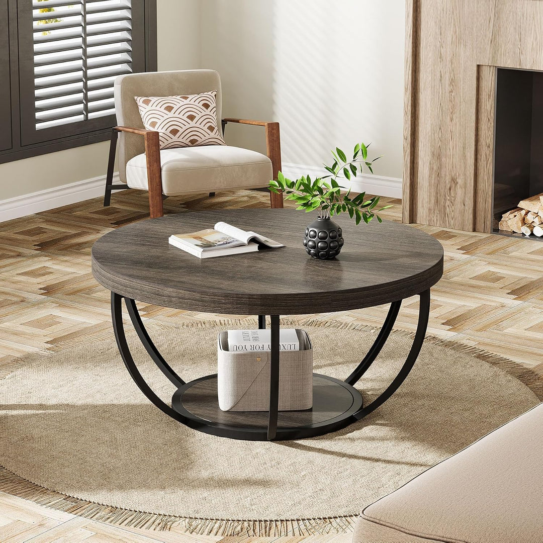 Tribesigns Runde Couchtisch, Industrial 2-Tier-Kreis Couchtisch mit Lagerung Regale, Moderne hölzern