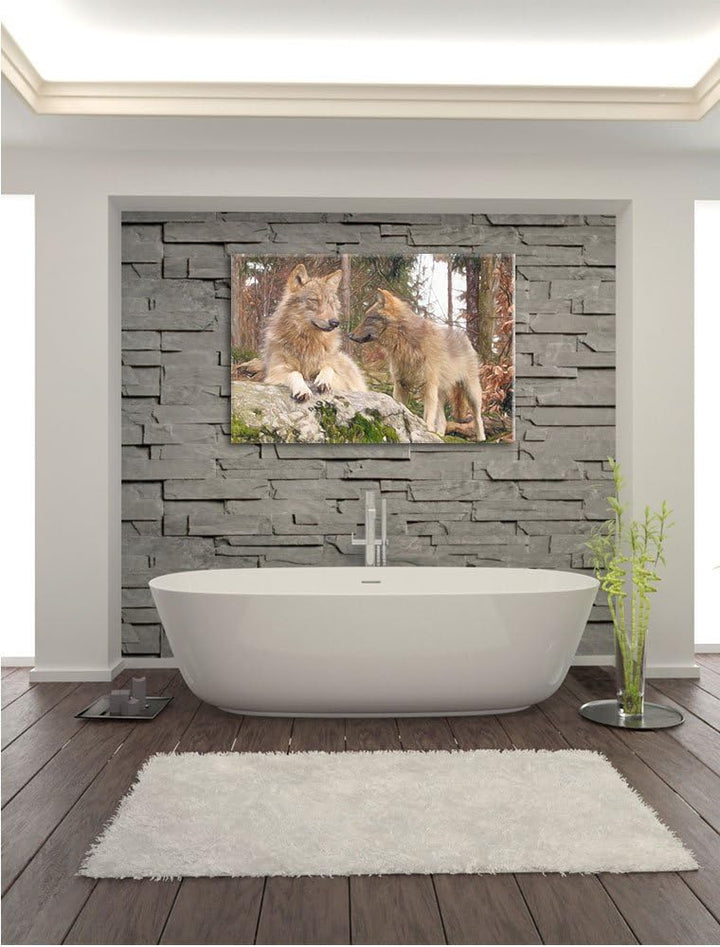 Pixxprint Wölfe im Wald / 100x70cm Leinwandbild bespannt auf Holzrahmen/Wandbild Kunstdruck Dekorati