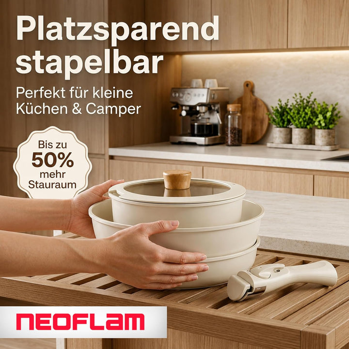 NEOFLAM® Pfannenset Topfset Induktion, abnehmbarer Griff 8-teilig, Antihaft-Keramik-Kochgeschirr-Set
