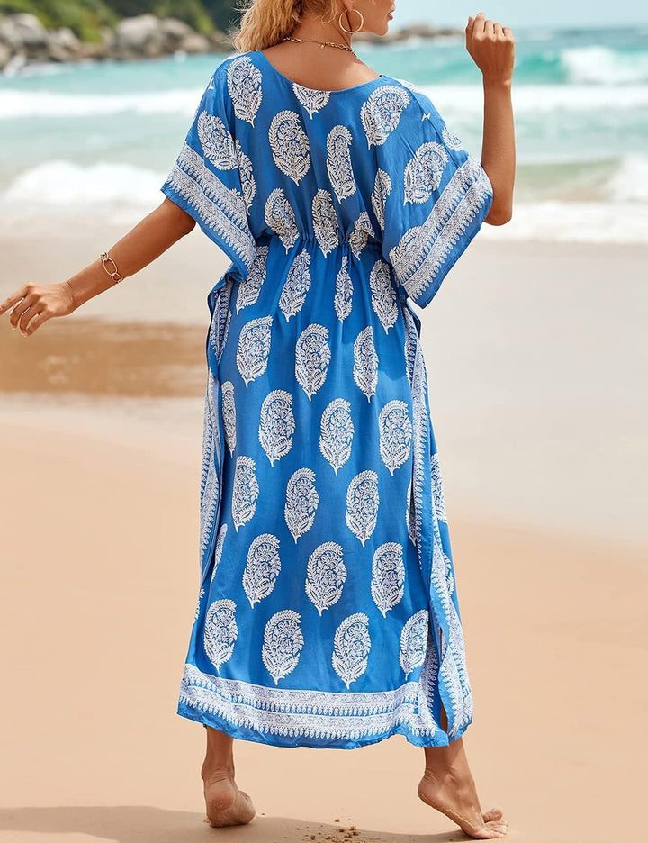 Bsubseach Damen Beachwear Türkische Kaftans Lange Strandkleid Caftan Beach Dress Blau 2, Blau 2