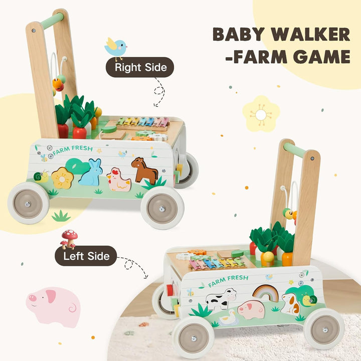 Labebe Lauflernwagen Holz,Baby Lauflernhilfe mit gummierten Holzrädern und Activity Center, Gehfrei