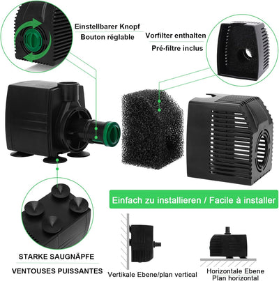 JIERTOP Aquariumpumpe 800 L/H Teichpumpe Ultra leise Geräusche mit 1,83 m Netzkabel Wasserpumpe mit