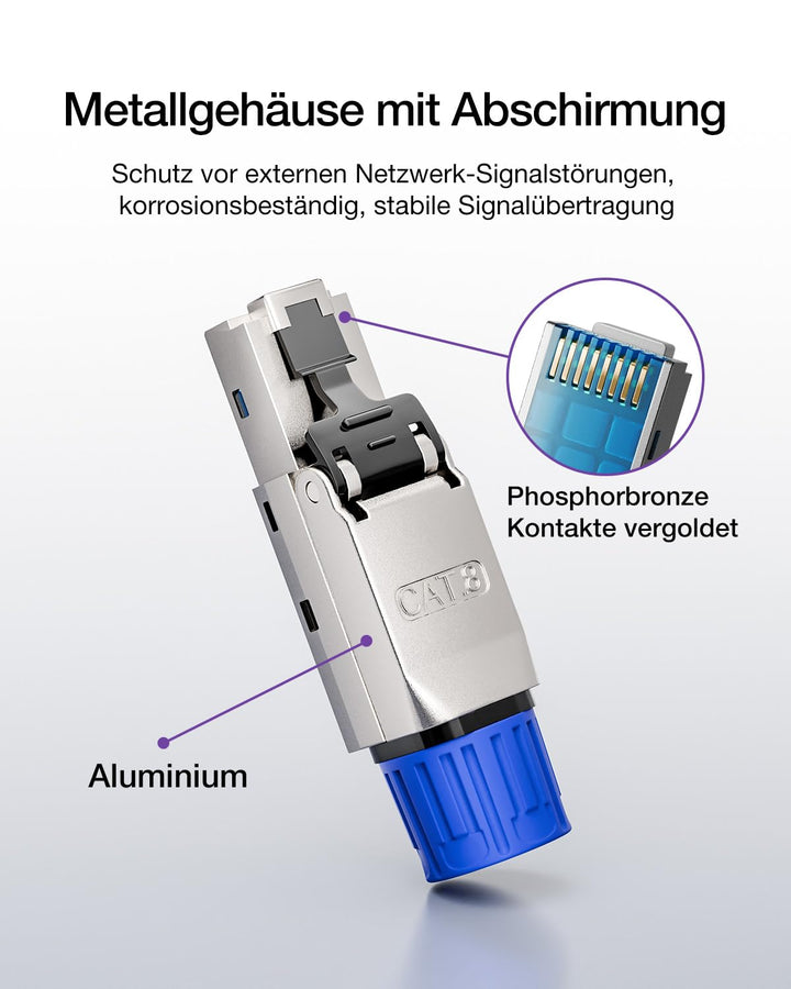 VCELINK RJ45 Stecker Werkzeuglos für Verlegekabel Cat8 Cat7 Netzwerkstecker Werkzeuglos Feldkonfekti