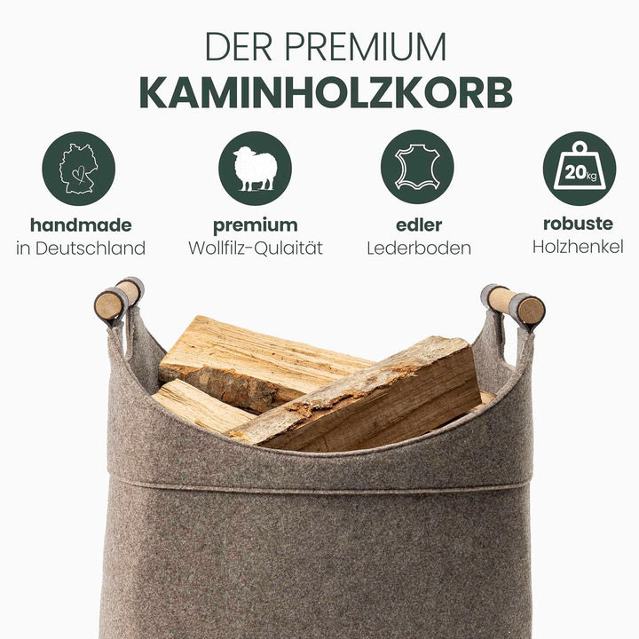Filz Holzkorb für Kaminholz Gross [40 L] mit Echtholzhenkeln (Eiche) Plegeleichter Boden - Made in G