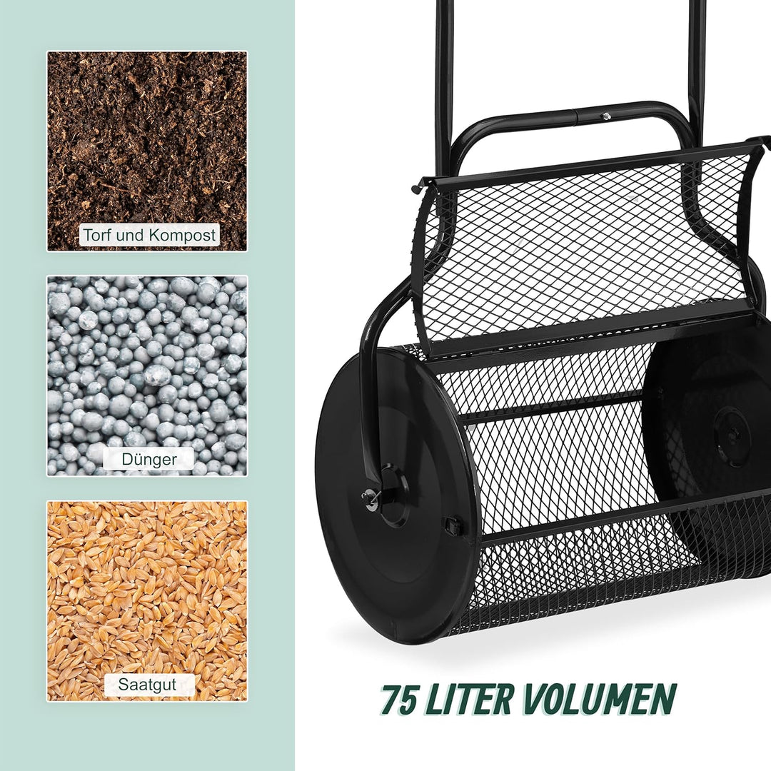 Relaxdays Kompoststreuer für Rasen, Meshkorb 75 L, Gartenstreuer mit Griff, HBT: 118x68x40 cm, Torfm