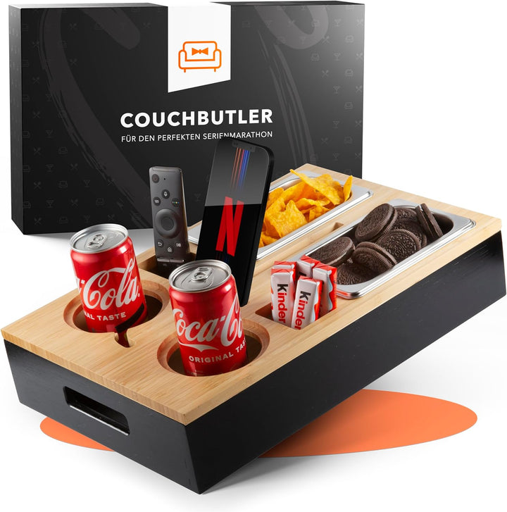 Couchbar Snackbox aus Bambus Personalisierbar inkl. Geschenkbox | Sofa Tablett mit 2 Snackschalen, 2