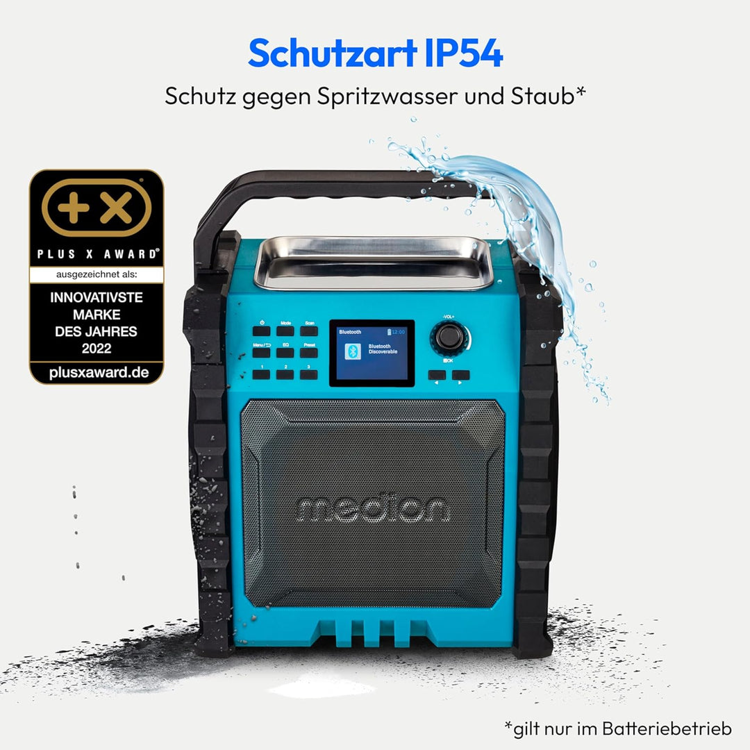 MEDION P66896 Baustellenradio (DAB Plus, DAB+/UKW, integrierter Akku, Farbdisplay, Bluetooth, Powerb