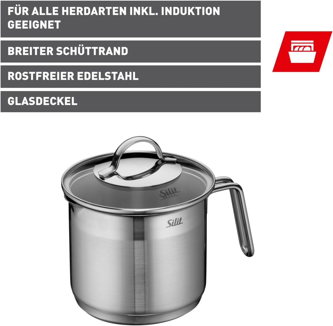 Silit Achat Milchtopf mit Glasdeckel 14 cm, hoher Kochtopf 1,7l, Edelstahl teilmattiert, Induktion,
