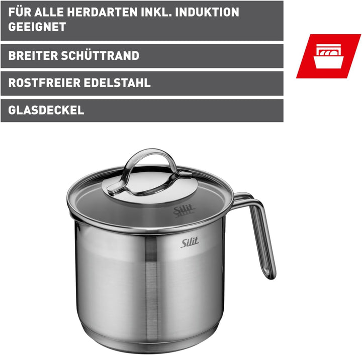 Silit Achat Milchtopf mit Glasdeckel 14 cm, hoher Kochtopf 1,7l, Edelstahl teilmattiert, Induktion,