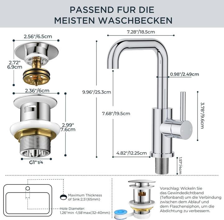 FORIOUS Wasserhahn Bad Hoch mit Ablaufgarnitur，360° Drehbar Edelstahl Waschtischarmatur Hoch mit War