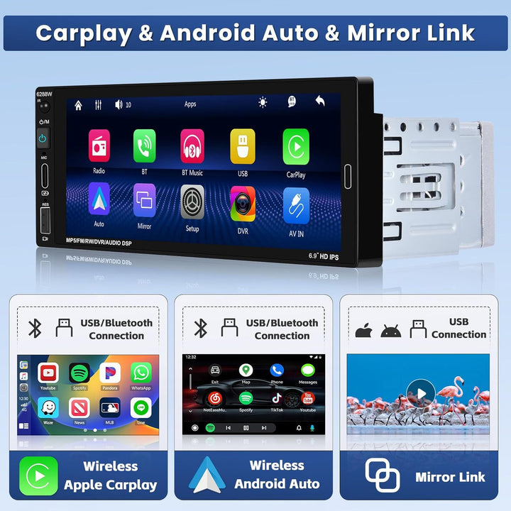 Hikity 1 Din Autoradio Bluetooth Wireless CarPlay und Android Auto, 1 DIN Car Radio mit mit 7 Zoll B