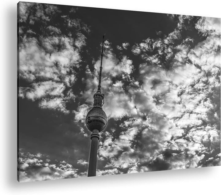 Spitze des Berliner Fernsehturms Format: 80x60 cm Effekt: Schwarz&Weiss als Leinwandbild, Motiv fert