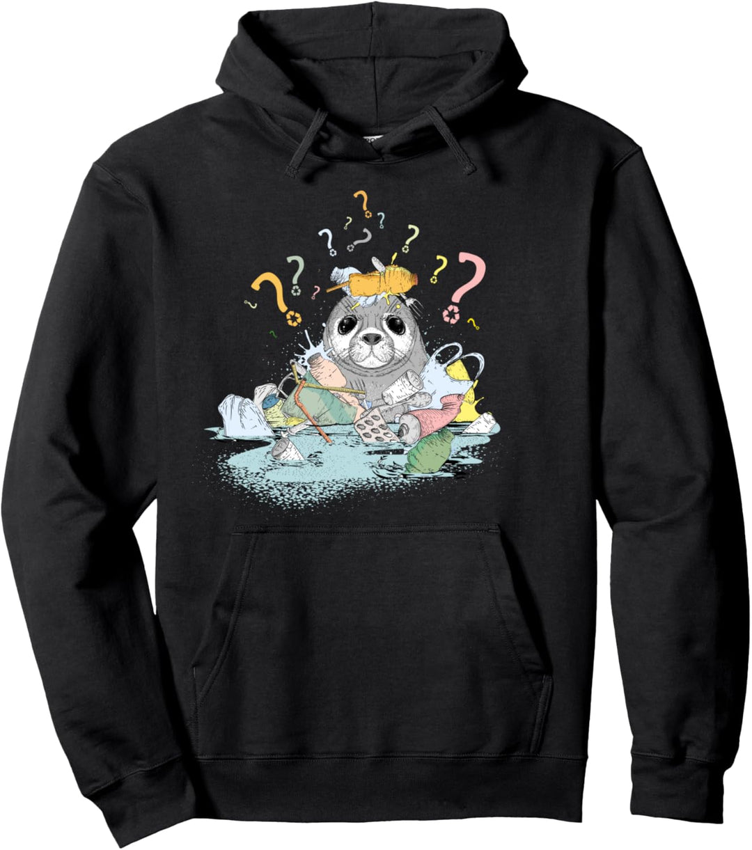 Plastikmüll und kleine Robbe mit vielen Fragezeichen Pullover Hoodie