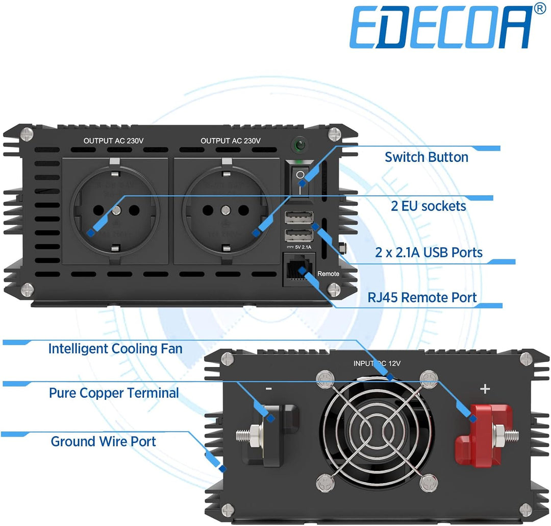 EDECOA Spannungswandler 3500w Reiner Sinus Wechselrichter 12v 230v mit 2X USB und Fernbedienung Span