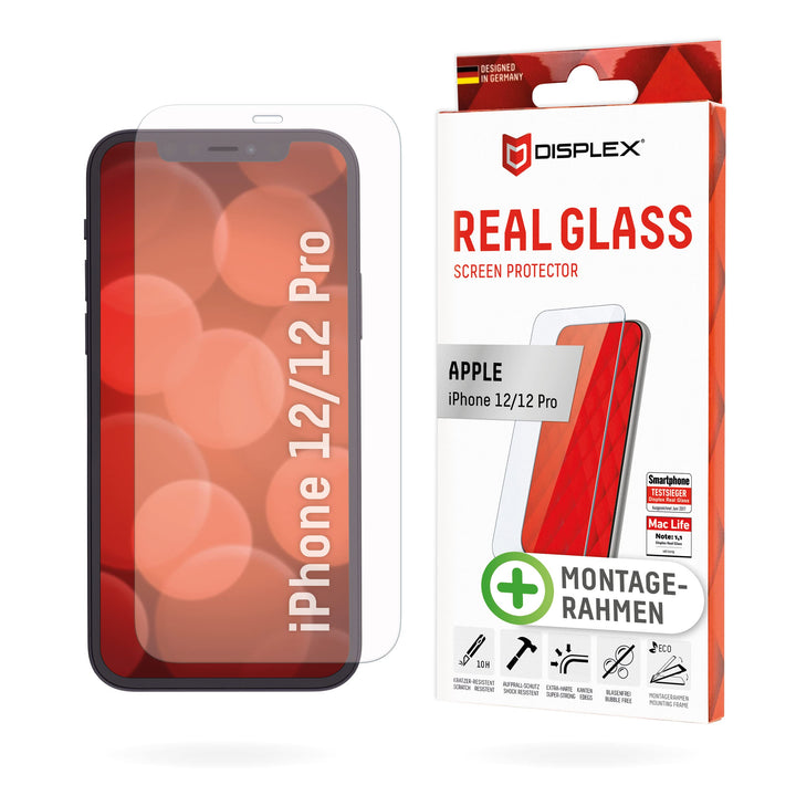 Schutzglas für iPhone 12 Pro, 12 (10H), kristallklar, mit Eco-Montagerahmen | DISPLEX Real Glass, 10