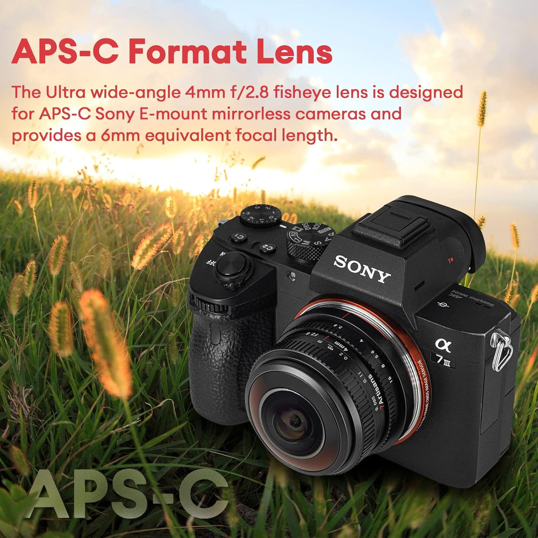 7artisans 4mm F2.8 kreisförmiges Fisheye-Objektiv, 225 ° Ultraweitwinkel, kompatibel mit APS-C Sony