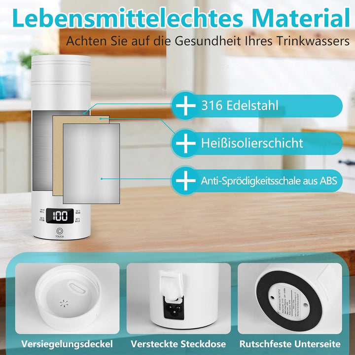 GuKKK Reisewasserkocher Klein Elektrische, 500ML Tragbarer Wasserkocher Mini Wassertasse Edelstahl 3