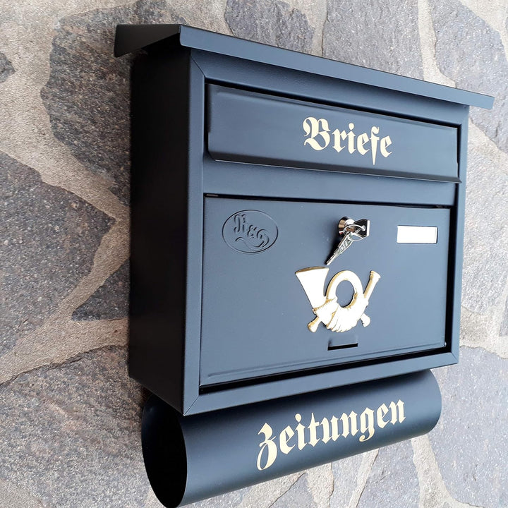 Grosser Briefkasten/Postkasten XXL Schwarz matt mit Abnehmbarer Zeitungsrolle Flachdach Katalogeinwu