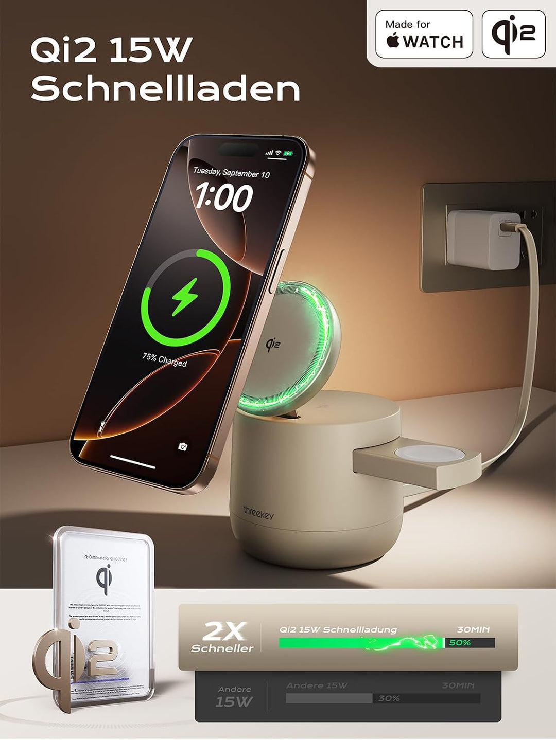THREEKEY 4-in-1-Mag-Wireless-Ladestation, Qi2 15-W-Mag-Ladegerät für iPhone 17/16/15/14/13/12 Serie,